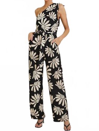 Gilli Floral One Shoulder Tie Strap Wide Leg Jumpsuit In Black Ivory