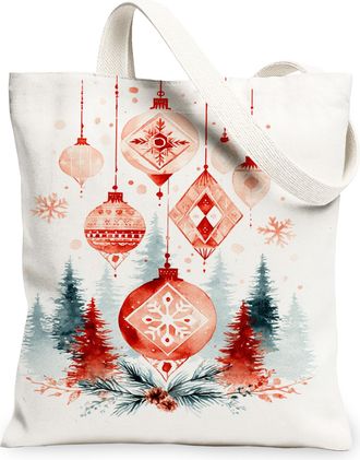 Generic Christmas Ornaments Canvas Tote Bags, Vintage Holiday Decorations Lightweight Washable Reusable Grocery Bags for Winter Tra, White, 13x15 Inch
