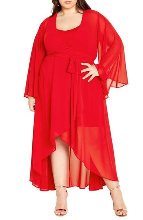 City Chic Fleetwood Long Sleeve Chiffon Wrap Dress in Red at Nordstrom, Size Xs