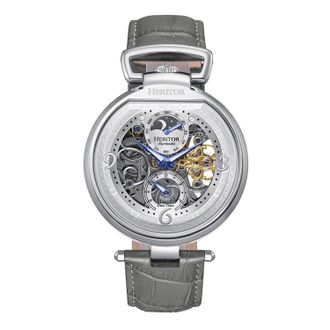 Heritor Mens Lincoln Leather-Band Skeleton Watch with Moon Phase - Grey Stainless Steel - One Size