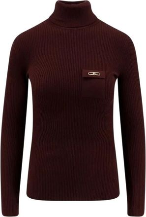 Elisabetta Franchi Ribbed Knit Top met Borstzak - Dames - Coltruien - Bruin - XL - Satijn - Truien & Vesten