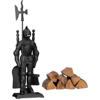 Relaxdays Relaxdays Accessori da Camino con Cavaliere, Set da 4, in Ghisa, Paletta, Scopino, Attizzatoio e Porta Attrezzi, Nero