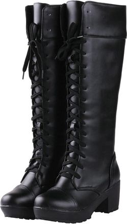 Generic Winter Boots for Women UK Knee High Boots Mid Calf PU Leather Fashion Motorcycle Punk Gorh Shoes Waterproof Work Combat Boot