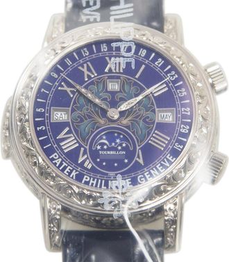 Patek Philippe Grand Complications Perpetual Tourbillon Hand Wind Moon Phase Diamond Blue Dial Mens Watch 6002G-001