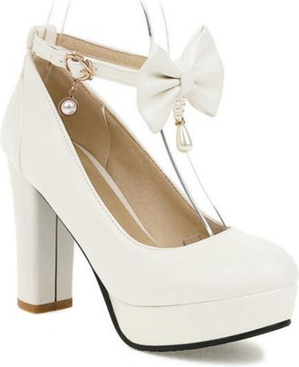 Generic Womens Elegant Platform Wedding Shoes Bow-Knot Ankle Strap Pumps Chunky Heel Romantic Evening Party Heels,White,6.5 UK