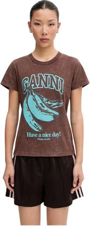 Ganni Tops, Dames, Bruin, S, Katoen, Bananenprint T-shirt
