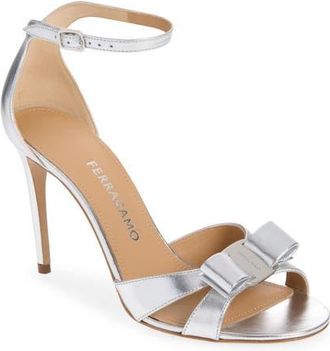 Ferragamo Roxy Metallic Bow Ankle Strap Sandal in Silver Fondo Bianco Biscotto at Nordstrom, Size 11.5