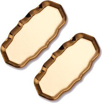 No Brand Juego De 2 Bandejas Ovaladas Doradas, Bandejas Decorativas De Metal De 23 Cm De Largo, Con Bordes Curvos/ribete De Encaje Irregular, Bandejas De Lat&oacute;n