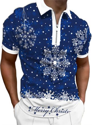 Generic Mens Christmas Shirts Christmas-Themed Printed Zipper Short Sleeve Lapel Casual Polo Shirt
