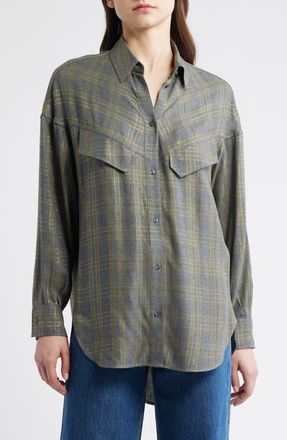 Boss Orange by Hugo Boss Bostaffa Metallic Plaid Woven Shirt in Green Multi at Nordstrom, Size 14