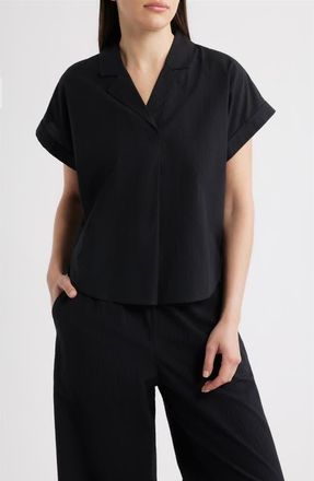Eileen Fisher NOTCH COLLAR TOP W/ CUFFED CAP SLV in Black at Nordstrom, Size Xx-Small