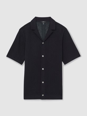 Reiss Navy Textured-knit Short-sleeve Shirt, M