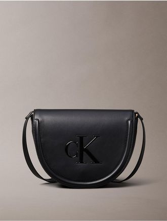 Calvin Klein Womens Embossed Monogram Saddle Bag - Black