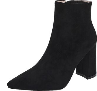 Generic Womens Suede-Like Ankle Boots Pointed Toe Chunky Block Heels Side Zipper Comfortable Slip Resistant Durable Fashion Party Office Daily Shoes,Black,3.5
