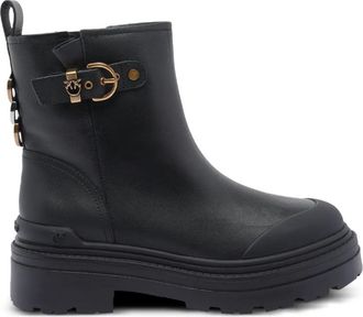 Pinko Black Mia 21 Decorative Strap Calf Leather Ankle Boots