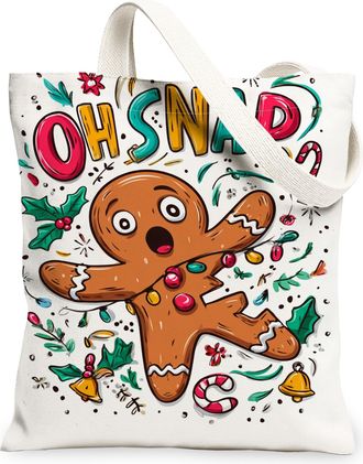 Generic Holiday Gingerbread Canvas Tote Bags, Fun Christmas Biscuits Design Reusable Grocery Bags, Lightweight Washable Shoulder St, White, 13x15 Inch