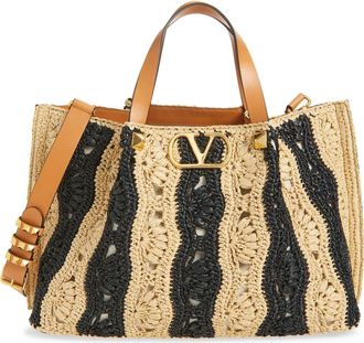Valentino Garavani VLOGO Signature Crocheted Raffia Tote in Natural/Black at Nordstrom