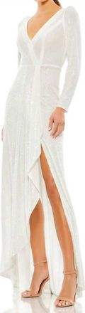 Mac Duggal Long Sequin Long Sleeve Dress In White