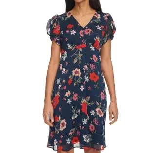 Calvin Klein Puff Sleeve Chiffon Mini Dress In Indigo Multi Floral
