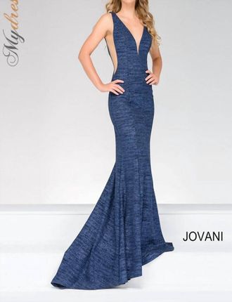 Jovani Glitter Jersey Mermaid Gown With Low Back In Royal
