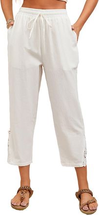 SHEKINI Womens Casual Pants Wide Leg Cropped Trousers Drawstring Elastic Waist Lightweight Baggy Capri with Pockets White