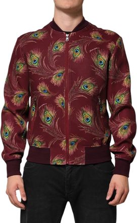 Dolce & Gabbana Mens Maroon Peacock Feather Print Bomber Jacket Polyester Elastane Clothing