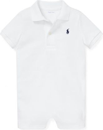 Ralph Lauren Solid Cotton Interlock Polo Romper in White at Nordstrom, Size 18M