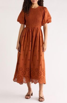 Sugarlips Deana Eyelet Smocked Midi Dress in Brown at Nordstrom, Size X-Large