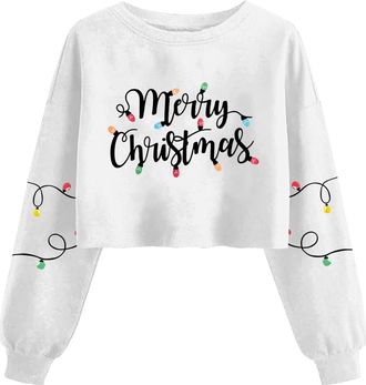 Generic Christmas Sweatshirts for Women Funny Graphic Long Sleeve Shirts Cropped Tops Christmas Tree Red Wine Glasses Santa Print Crewneck Cute Xmas Holiday P