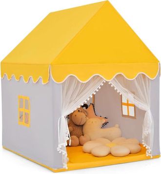 Costway Costway - Tenda da Gioco per Bambini, Casetta per Bambini con Struttura in Solido Legno, Tappetino di Cotone, Tenda a Rete e Finestre, 105x120x140 cm