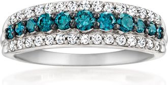 Ross-Simons Blue and White Diamond 3-Row Ring in 14kt White Gold