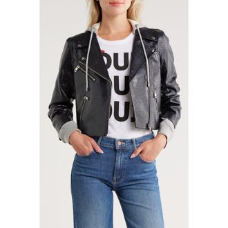 Cinq &agrave; Sept Evie Snakeprint Embossed Mixed Media Faux Leather Moto Jacket in Navy/Heather Grey at Nordstrom Rack, Size X-Small