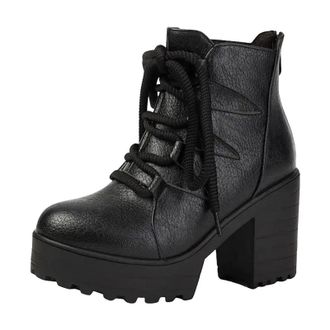 Generic Ladies Retro Ankle Boots Round Toe Super High Chunky Heel Platform With Side Zipper And Lace Up Detail Daily Shoes