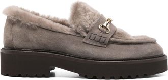 Doucal's Grey Plush Sheepskin Lining Flat Leather Loafers