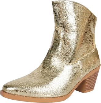 Generic Womens Shiny PU Boots Mid Heel Block Heel Short Boots Rubber Glue Waterproof, gold, 2/2.5 UK