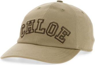 Chlo&eacute; Signature Logo Embroidered Adjustable Baseball Cap in Deep Khaki at Nordstrom, Size Medium