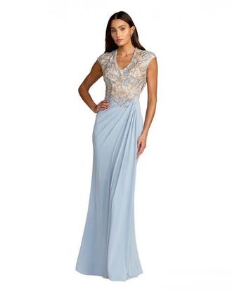 Mac Duggal Jersey Beaded Embroidered V Neck Cap Sleeve Gown in French Blue at Nordstrom, Size 10