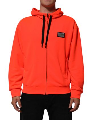 Dolce & Gabbana Red Fluorescent Polyester Logo Patch Hoodie Mens Sweater