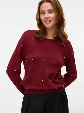 Vero Moda Rundhalspullover VERO MODA VMGLORY PEARL LS O-NECK PULLOVER BOO, Damen, Gr. L, rot (syrah), Strick, Obermaterial: 80% Viskose, 20% Nylon, unifarben, r