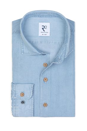 R2 Mens Casual Soft Collar Shirt Light Denim - Blue Cotton - Size 15.75 inch