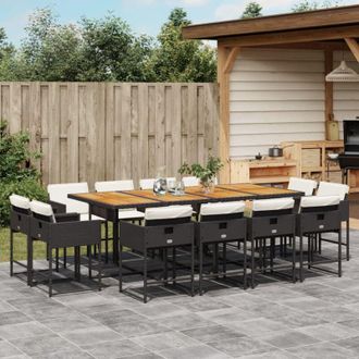 vidaXL Set Comedor De Jard&iacute;n Con Cojines 13 Pzas Rat&aacute;n Sint&eacute;tico Negro