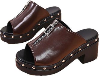 Generic Womens Open Peep Toe Studded Zipper Mules Chunky Heels Platform Slippers Sandals Fashion Casual Party Dress Shoes (5.5,Coffee)