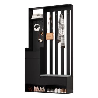 STILVORA Mueble De Entrada Con Banco Acolchado, Panel Perforado, 4 Ganchos Y 1 Caj&oacute;n, Estilo Moderno, En Mdf, 100&times;35&times;180 Cm, Negro