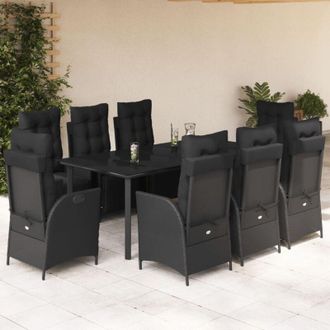 vidaXL Set De Comedor De Jard&iacute;n 9 Pzas Y Cojines Rat&aacute;n Sint&eacute;tico Negro Vidaxl