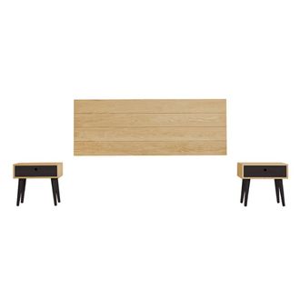 HOGAR 24 Cabecero madera maciza natural + 2 mesitas un caj&oacute;n cera/negro