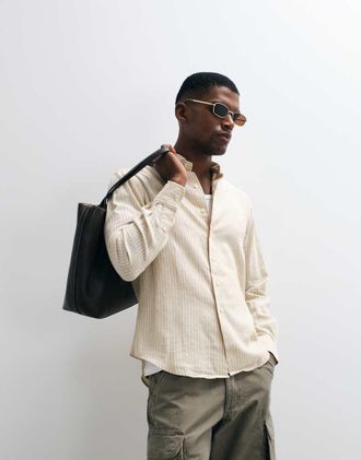 Polo Ralph Lauren Camicia a maniche lunghe beige a righe custom fit con bottoni-Neutro