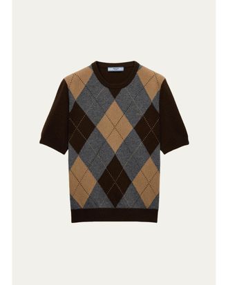 Prada Argyle Cashmere Short-Sleeve Crewneck Sweater