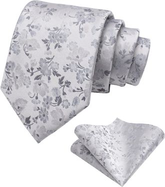 Alizeal Mens Floral Patterned Tie with Pocket Square Stylish Unique for Business Wedding Party Necktie Set, Silver