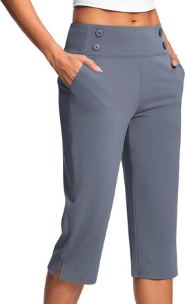 Generic Capri Pants for Women Ladies Cropped Pants High Waist Stretch Bottoms Yoga 3/4 Dress Pant with Pockets Summer Elegant Crop Trouser Office Business Wor