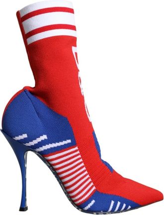 Dolce & Gabbana Logo Detail Enkellaarzen Rood Blauw - Dames - Laarzen met Hak - Veelkleurig - 38 EU - Leer - Schoenen